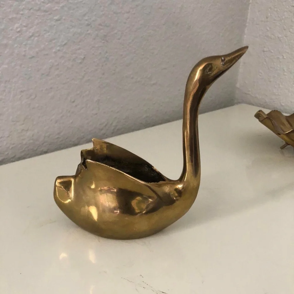 Vintage Brass Swan Planters Trinket Dish Shell Set Cottagecore Hollywood Regency